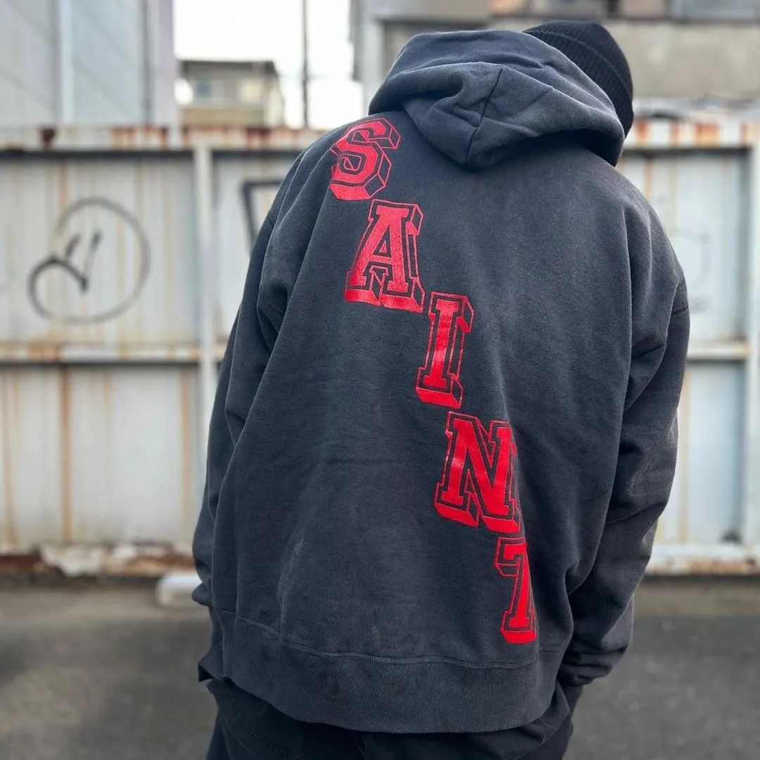 SAINT Mxxxxxx ANGEL HOODIE/BLK Angel Rebirth Crack Printed Retro Distressed Hoodie Assute dyeing, full-length spray-on fade, heavy fermentation wash, NEW VINTAGE texture, factory four-needle and six-thread workmanship, boneless patchwork, more comfortable to wear, genuine level crack print/accessories restored